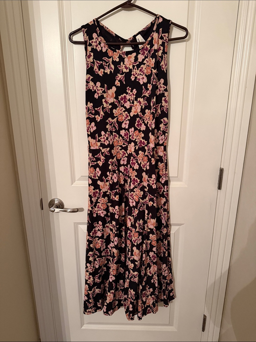 Pact Black Midi Fit and Flare Dress with Pink and Cream Floral Pattern